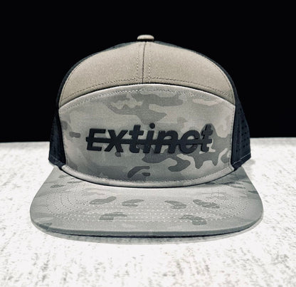 ExtinctMALE camo hat — front view, grey camo with black Extinct branding